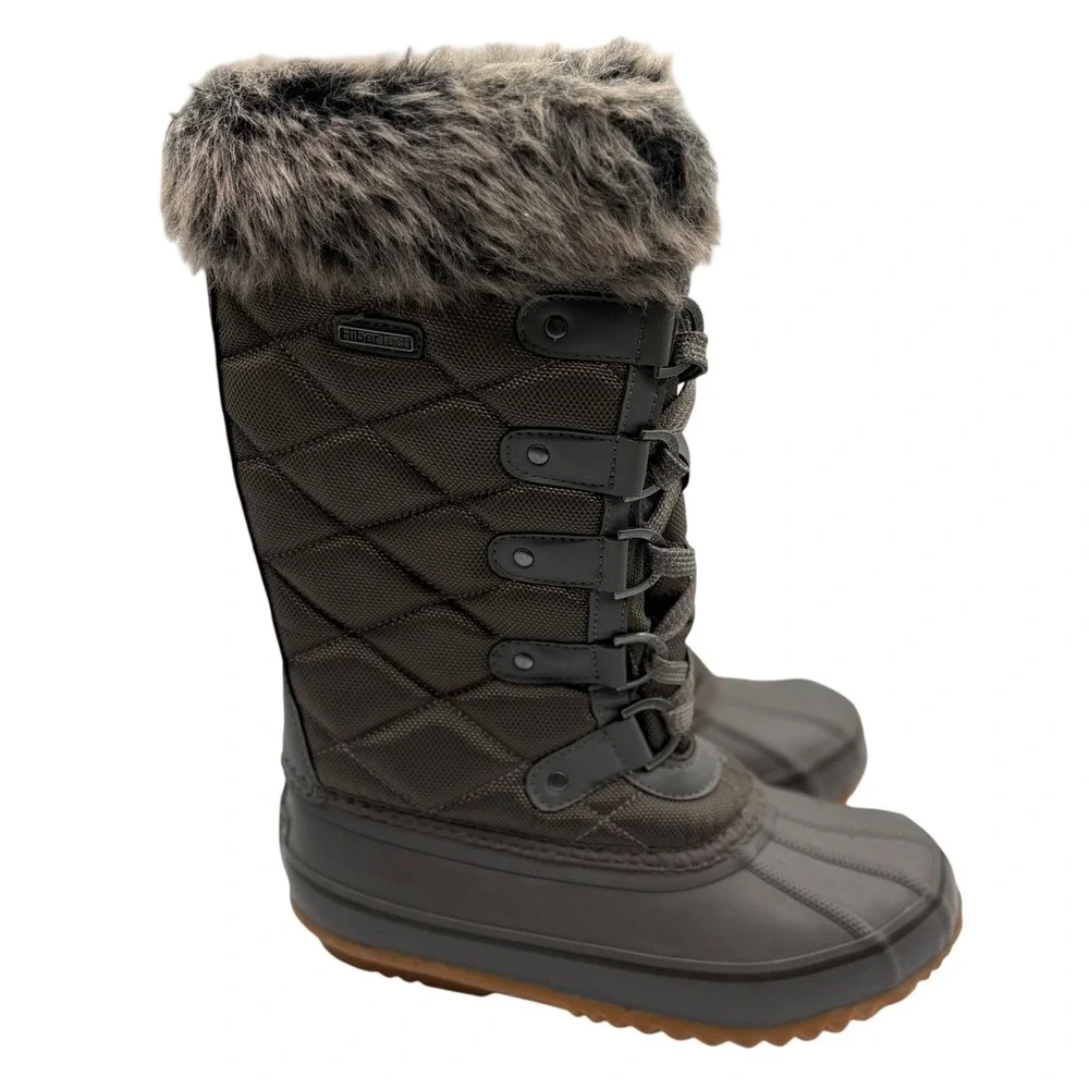 Bearpaw Waterproof HiberTech Winter Snow Boots Womens 7 Grey Faux Fur Quilted